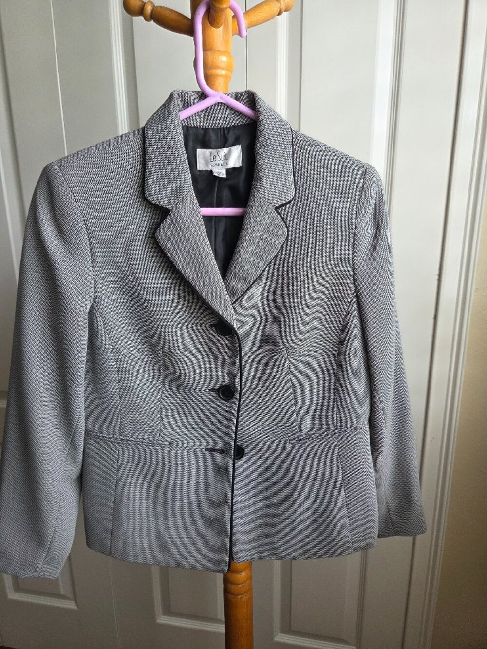 Le Suit 3-Button Blazer Jacket houndstooth pattern black and white Size 6P
